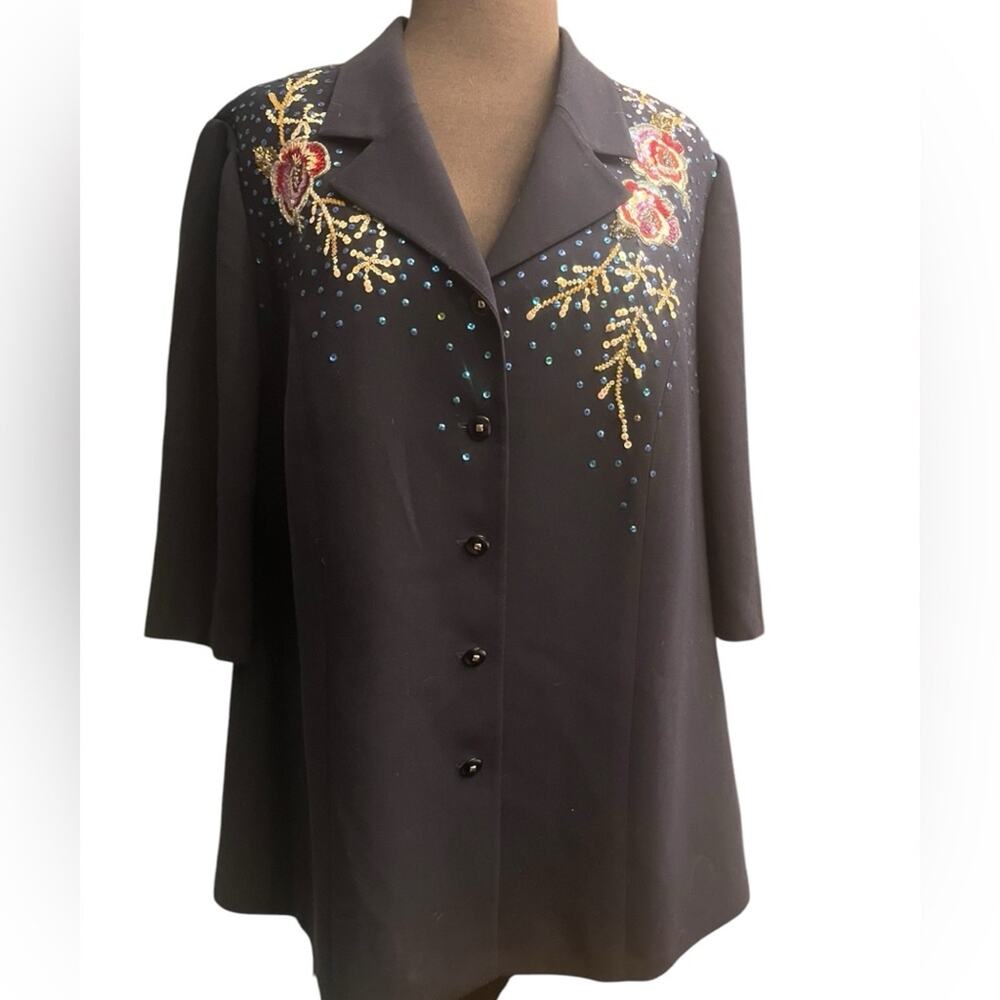 Vtg Black Floral Sequin Boho Glam Artsy Eclectic Party Shirt Jacket Shacket 2X